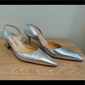 Manolo Blahnik Silver Slingback Heels (Size 37)